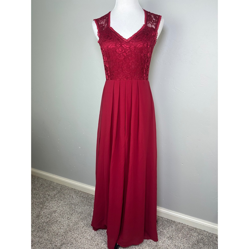 Rephyllis Dark Red Lace Chiffon Formal Maxi Dress Sleeveless V-Neck Gown Size M